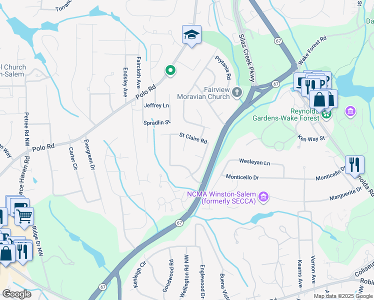 map of restaurants, bars, coffee shops, grocery stores, and more near 2850 Holyoke Place in Winston Salem