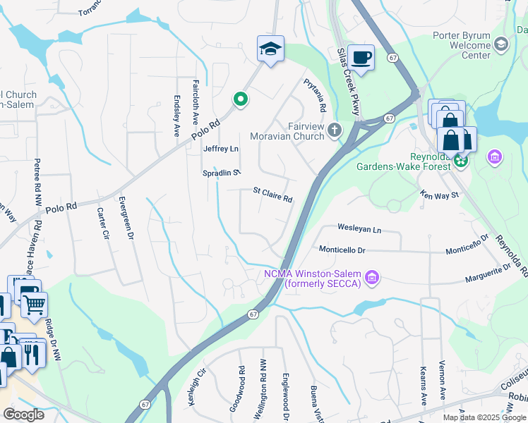 map of restaurants, bars, coffee shops, grocery stores, and more near 2850 Holyoke Place in Winston Salem
