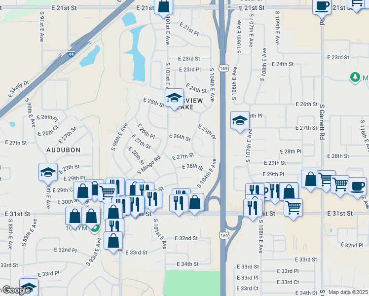 map of restaurants, bars, coffee shops, grocery stores, and more near 10128 East 26th Place in Tulsa