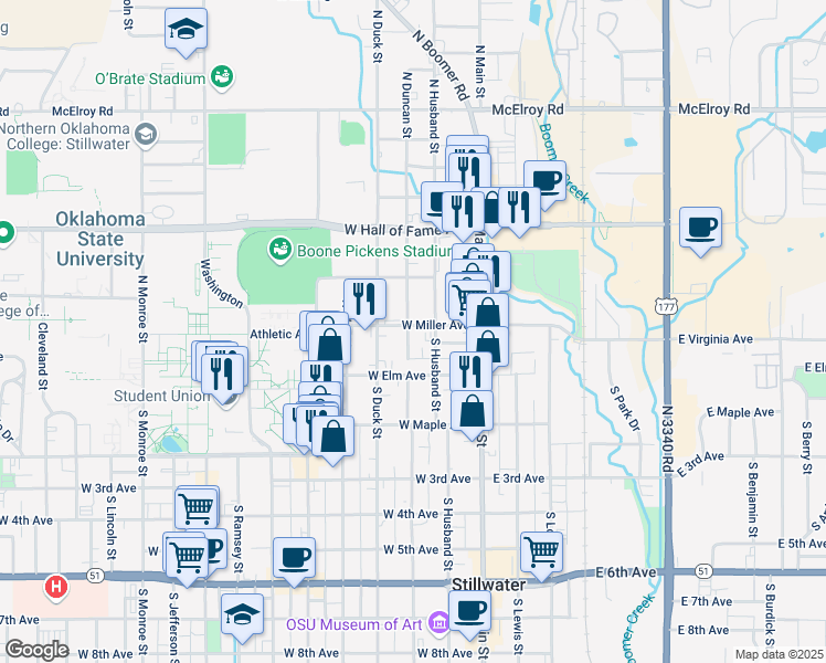 map of restaurants, bars, coffee shops, grocery stores, and more near 13 North Duncan Street in Stillwater