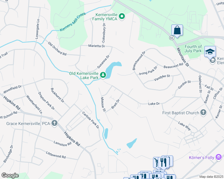 map of restaurants, bars, coffee shops, grocery stores, and more near 433 Melva Lane in Kernersville