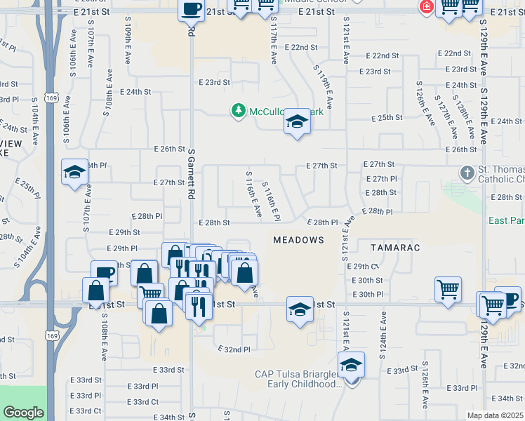 map of restaurants, bars, coffee shops, grocery stores, and more near 2767 South 116th East Avenue in Tulsa