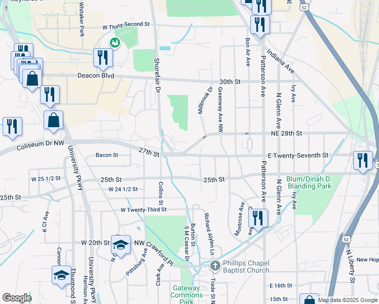 map of restaurants, bars, coffee shops, grocery stores, and more near 20 West 7th Street in Winston-Salem