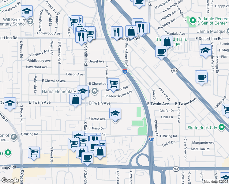 map of restaurants, bars, coffee shops, grocery stores, and more near 3979 Avonwood Avenue in Las Vegas