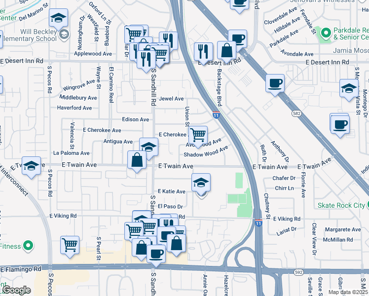 map of restaurants, bars, coffee shops, grocery stores, and more near 3921 Avonwood Avenue in Las Vegas