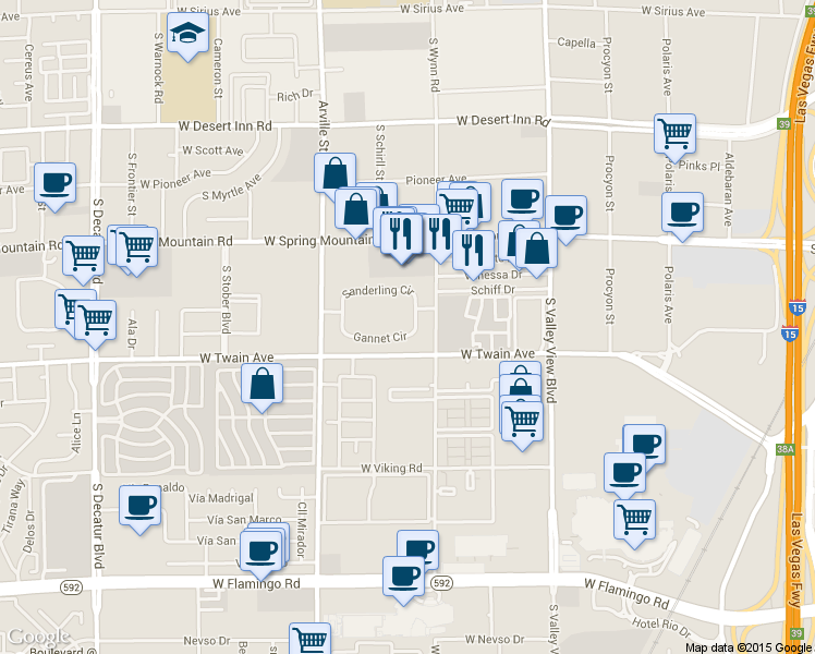 map of restaurants, bars, coffee shops, grocery stores, and more near 4171 Gannet Circle in Las Vegas