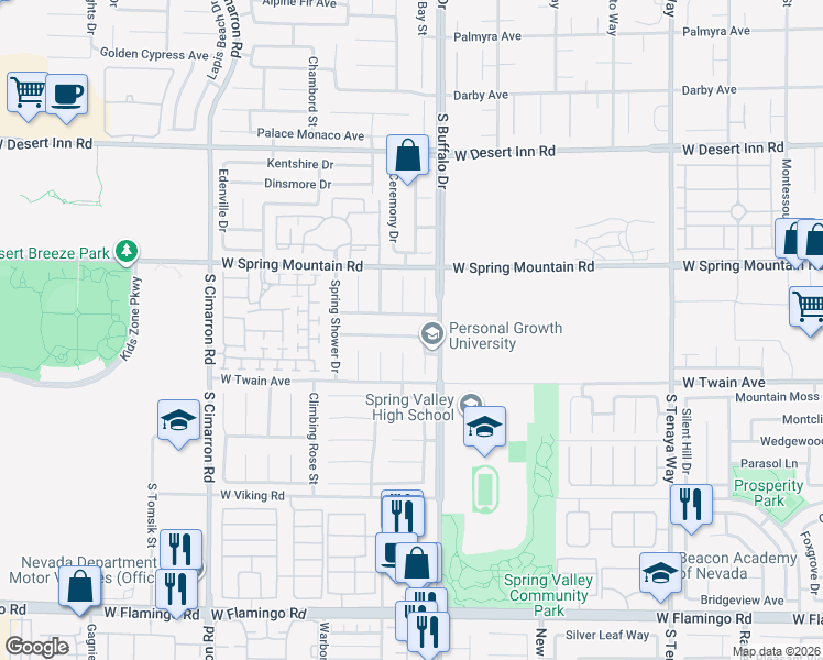 map of restaurants, bars, coffee shops, grocery stores, and more near 3646 Springbud Drive in Las Vegas