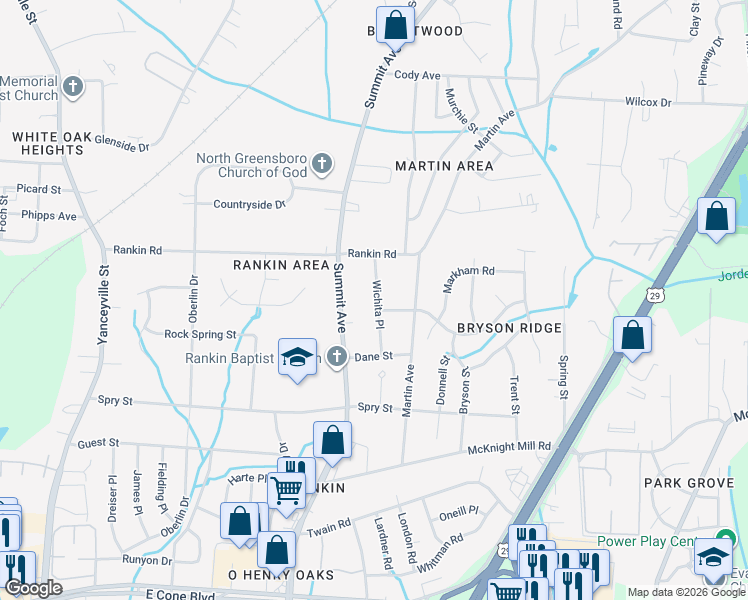 map of restaurants, bars, coffee shops, grocery stores, and more near 3416 Wichita Place in Greensboro