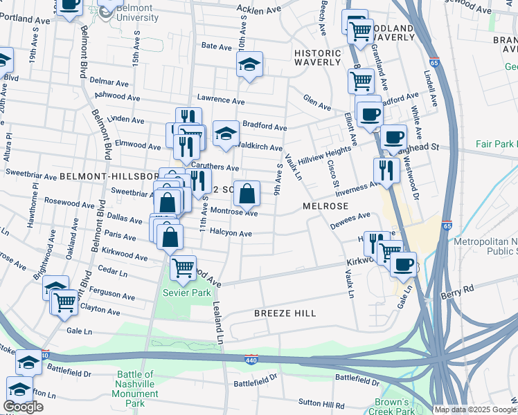 map of restaurants, bars, coffee shops, grocery stores, and more near 903 Montrose Avenue in Nashville