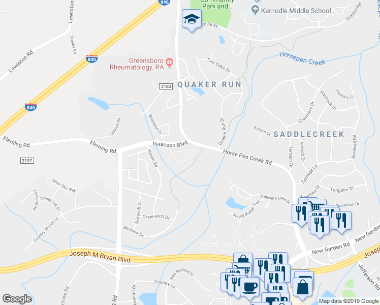 map of restaurants, bars, coffee shops, grocery stores, and more near 41 Tannenbaum Circle in Greensboro