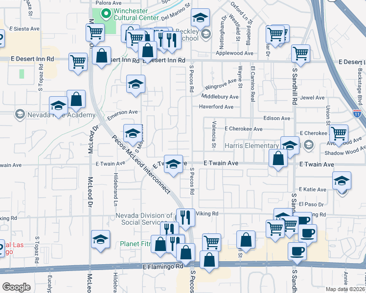 map of restaurants, bars, coffee shops, grocery stores, and more near 3364 Royce Court in Las Vegas