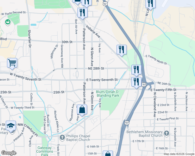 map of restaurants, bars, coffee shops, grocery stores, and more near 2530 Ivy Avenue in Winston-Salem
