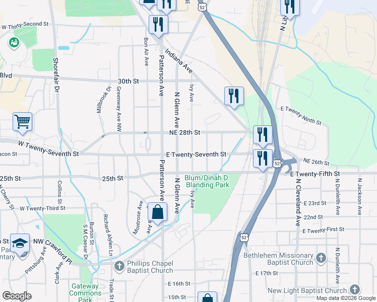 map of restaurants, bars, coffee shops, grocery stores, and more near 2530 Ivy Avenue in Winston-Salem
