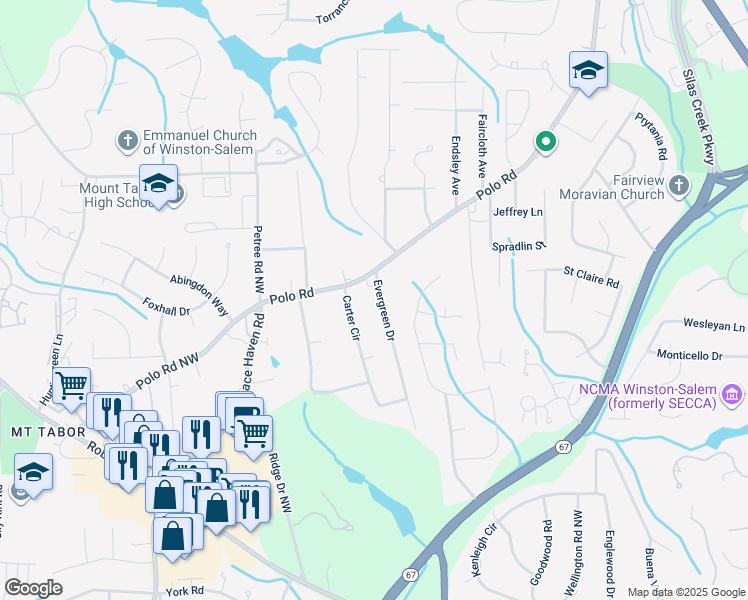 map of restaurants, bars, coffee shops, grocery stores, and more near 30 Evergreen Drive in Winston-Salem