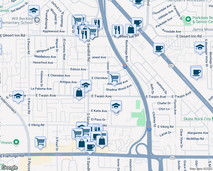 map of restaurants, bars, coffee shops, grocery stores, and more near 3921 Avonwood Avenue in Las Vegas