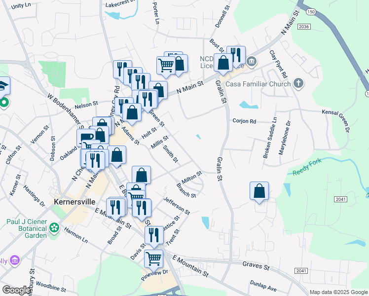 map of restaurants, bars, coffee shops, grocery stores, and more near 219 Green Street in Kernersville
