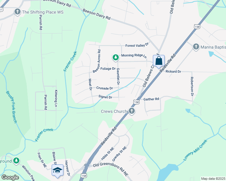 map of restaurants, bars, coffee shops, grocery stores, and more near 3844 Crusade Drive in Winston-Salem