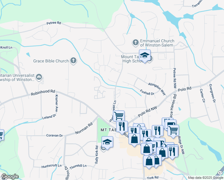 map of restaurants, bars, coffee shops, grocery stores, and more near 3540 Woodstream Road in Winston-Salem