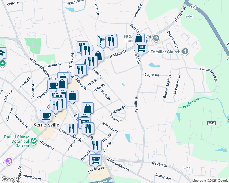 map of restaurants, bars, coffee shops, grocery stores, and more near 219 Green Street in Kernersville