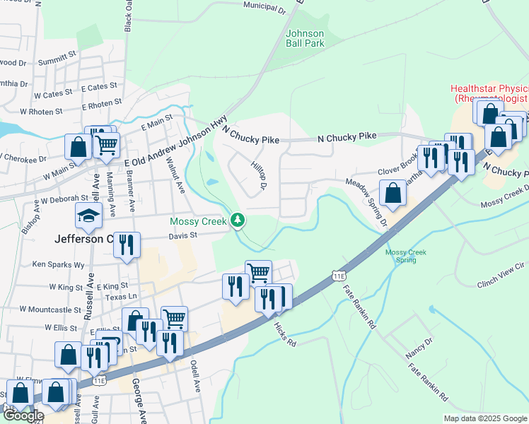 map of restaurants, bars, coffee shops, grocery stores, and more near 1789 Brookline Court in Jefferson City