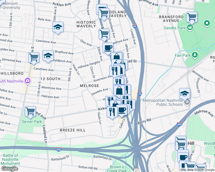 map of restaurants, bars, coffee shops, grocery stores, and more near 804 Dewees Avenue in Nashville