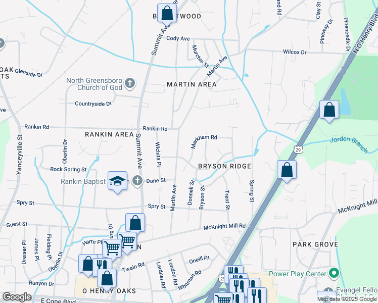 map of restaurants, bars, coffee shops, grocery stores, and more near 3505 Markham Road in Greensboro