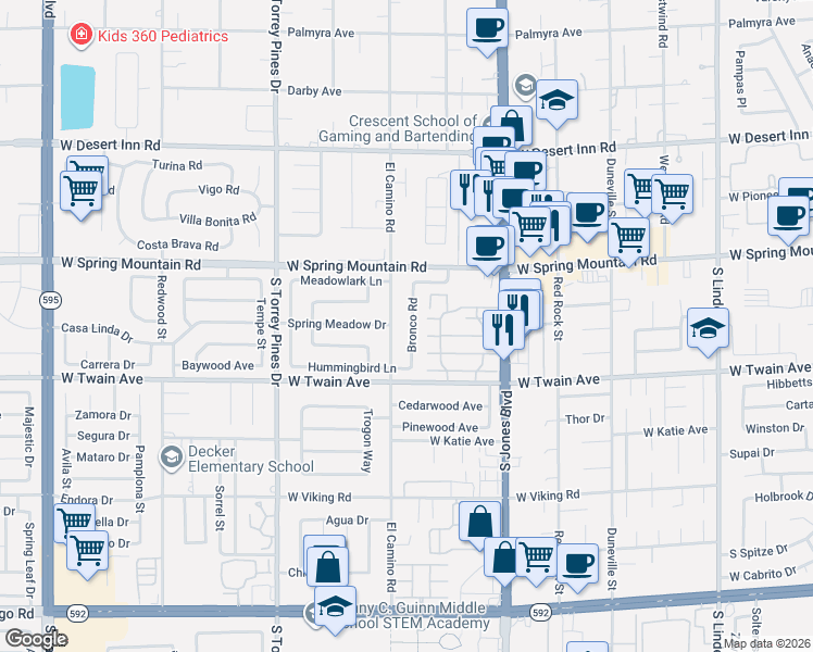 map of restaurants, bars, coffee shops, grocery stores, and more near 3597 Bronco Road in Las Vegas