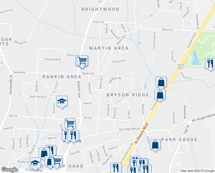 map of restaurants, bars, coffee shops, grocery stores, and more near 3505 Markham Road in Greensboro