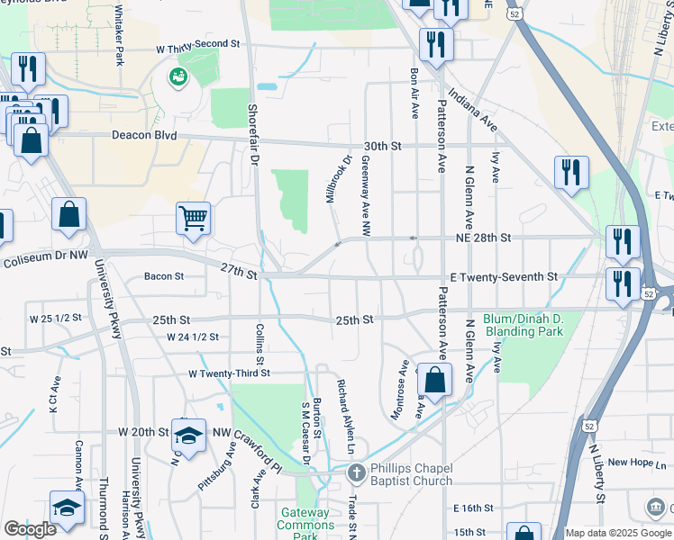 map of restaurants, bars, coffee shops, grocery stores, and more near 2709 Kilkare Avenue in Winston-Salem