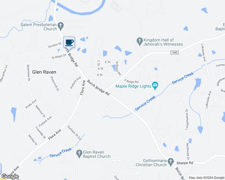 map of restaurants, bars, coffee shops, grocery stores, and more near 1264 Maple Ridge Drive in Burlington