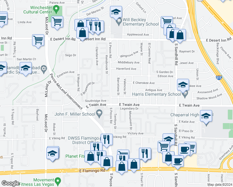 map of restaurants, bars, coffee shops, grocery stores, and more near 3649 Barcelona Street in Las Vegas