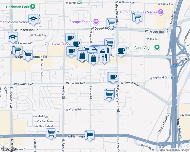 map of restaurants, bars, coffee shops, grocery stores, and more near 4090 West Twain Avenue in Las Vegas