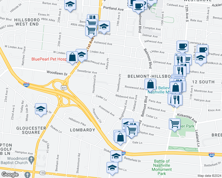 map of restaurants, bars, coffee shops, grocery stores, and more near 1820 Wildwood Avenue in Nashville