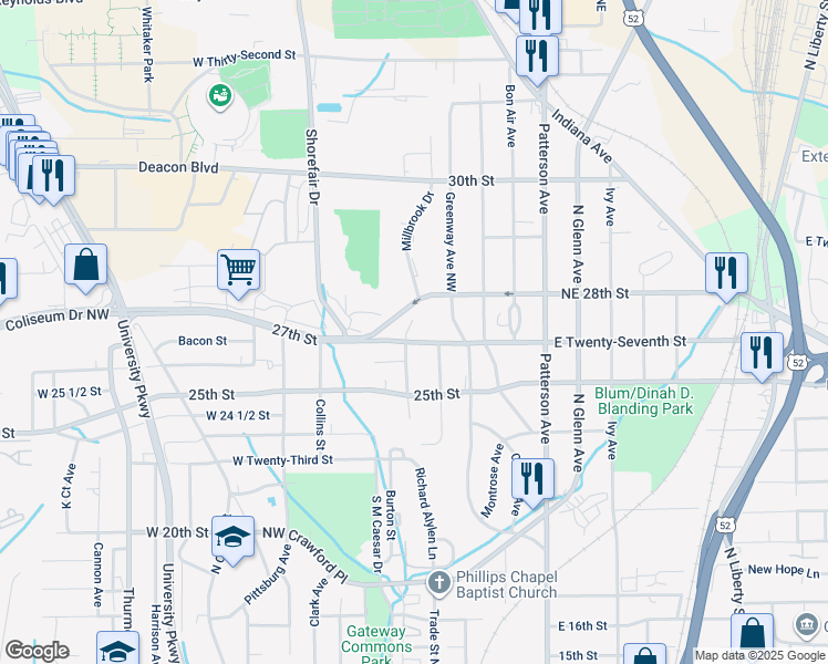 map of restaurants, bars, coffee shops, grocery stores, and more near 2709 Kilkare Avenue in Winston-Salem