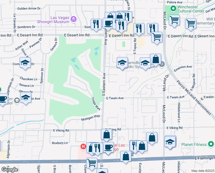 map of restaurants, bars, coffee shops, grocery stores, and more near 3650 South Eastern Avenue in Las Vegas