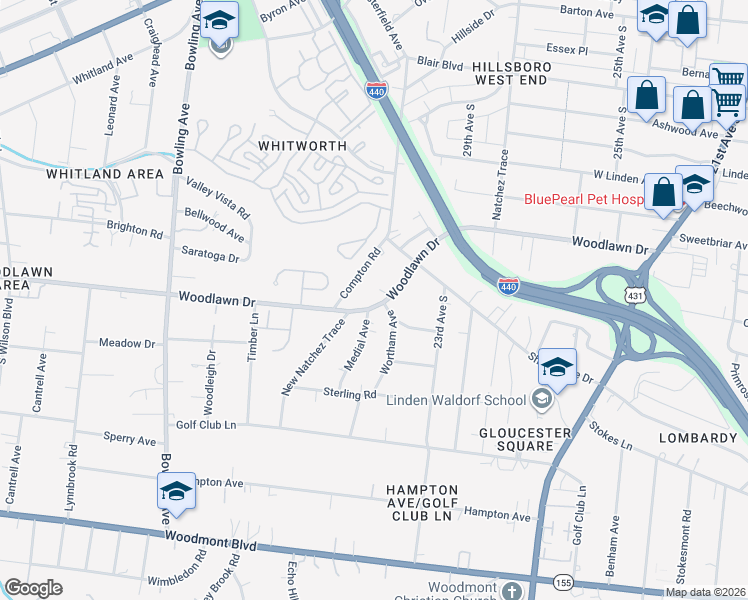 map of restaurants, bars, coffee shops, grocery stores, and more near 2709 Wortham Avenue in Nashville