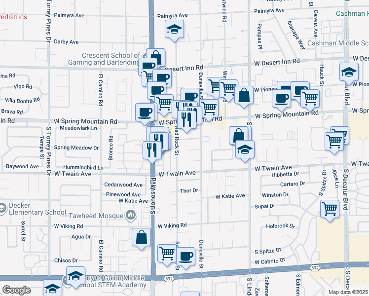 map of restaurants, bars, coffee shops, grocery stores, and more near 5892 Arandas Court in Las Vegas