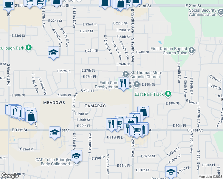 map of restaurants, bars, coffee shops, grocery stores, and more near 2821 South 126th East Avenue in Tulsa