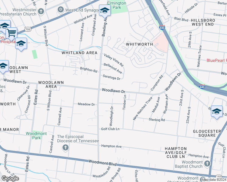 map of restaurants, bars, coffee shops, grocery stores, and more near Woodlawn Drive in Nashville