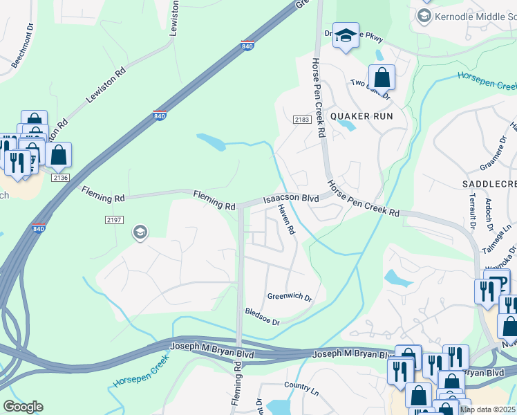 map of restaurants, bars, coffee shops, grocery stores, and more near 5622 Harbor House Drive in Greensboro