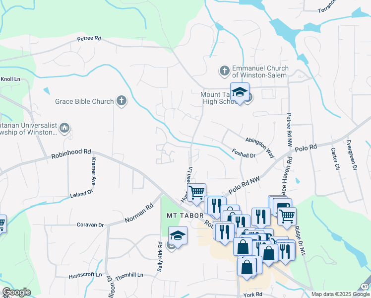 map of restaurants, bars, coffee shops, grocery stores, and more near 3540 Woodstream Road in Winston-Salem