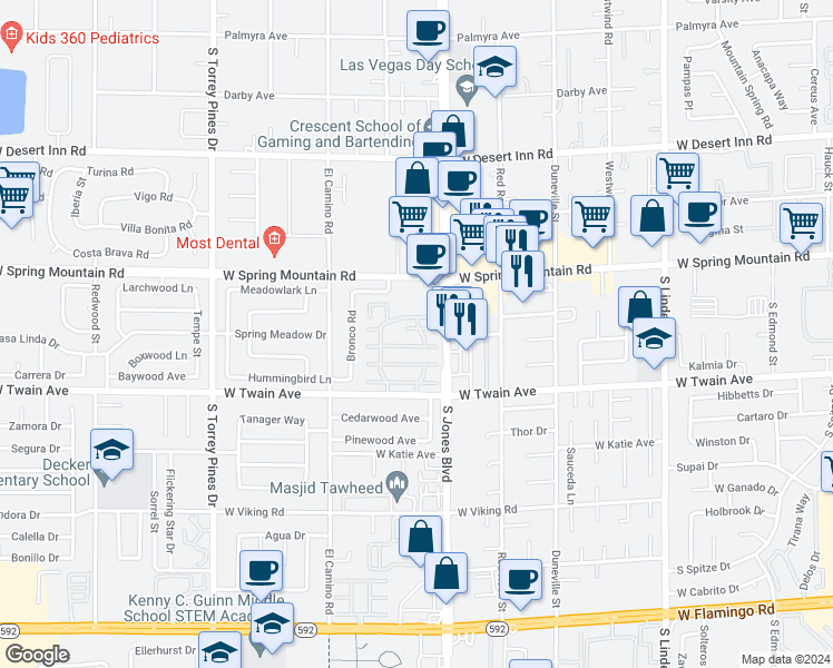 map of restaurants, bars, coffee shops, grocery stores, and more near 6151 Meadow Vista Lane in Las Vegas