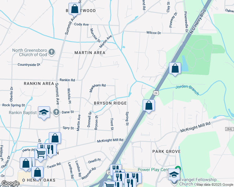 map of restaurants, bars, coffee shops, grocery stores, and more near 3400 Presley Way in Greensboro