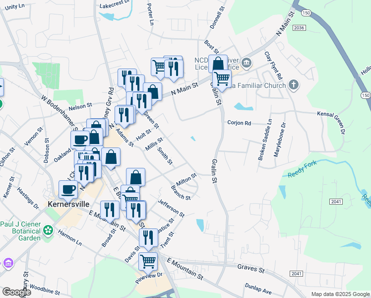 map of restaurants, bars, coffee shops, grocery stores, and more near 223 Green Street in Kernersville