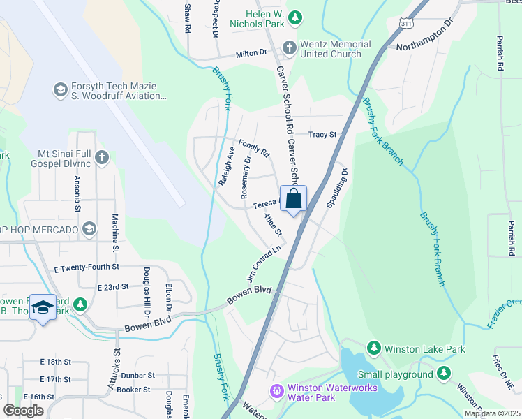 map of restaurants, bars, coffee shops, grocery stores, and more near 2520 Atlee Street in Winston-Salem