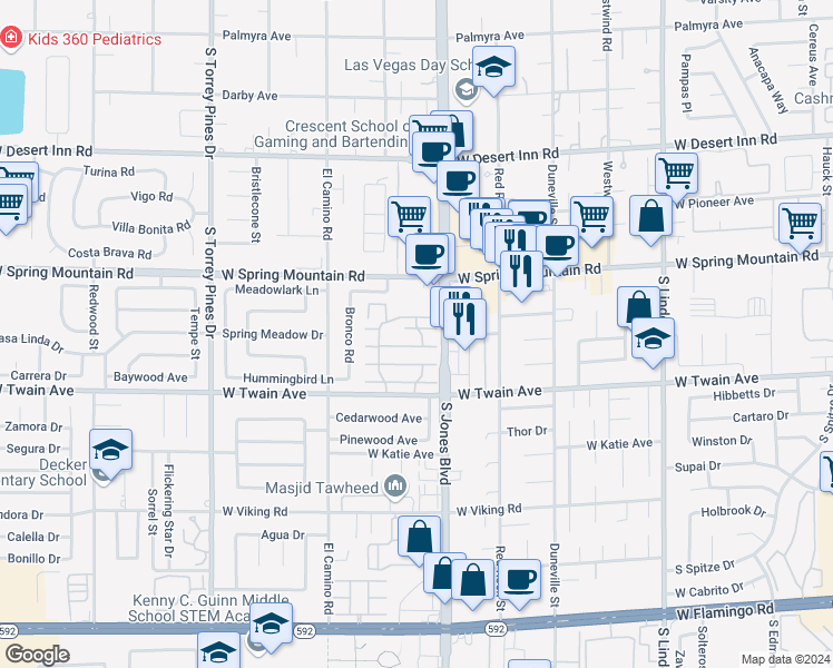 map of restaurants, bars, coffee shops, grocery stores, and more near 6151 Meadow Vista Lane in Las Vegas