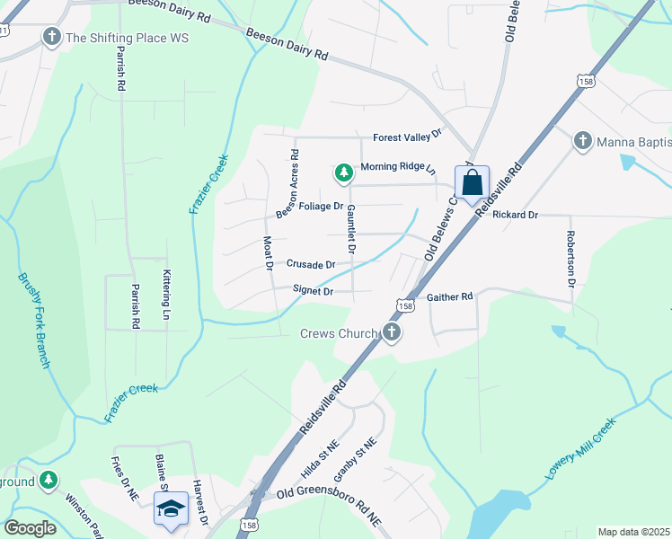 map of restaurants, bars, coffee shops, grocery stores, and more near 3844 Crusade Drive in Winston-Salem