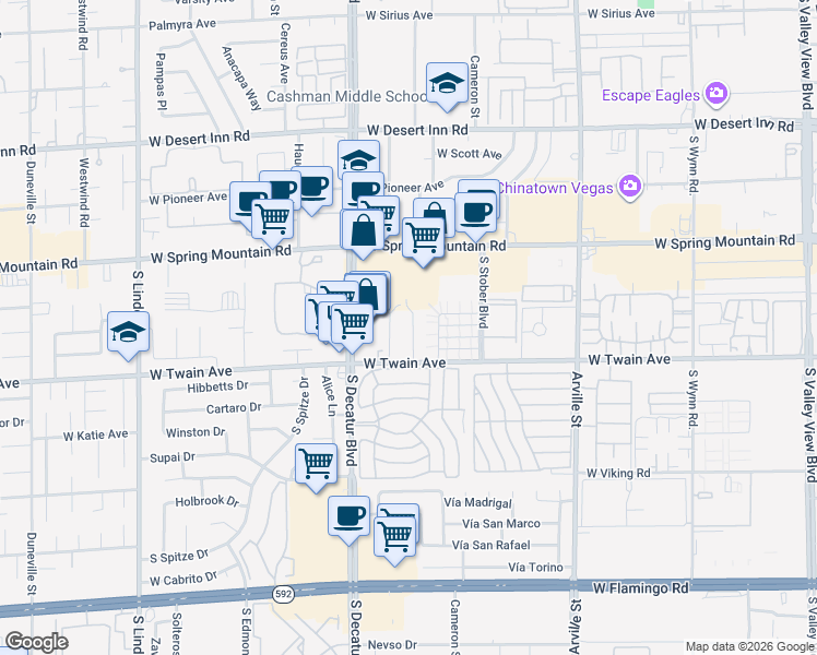map of restaurants, bars, coffee shops, grocery stores, and more near 3639 Kolendo Court in Las Vegas