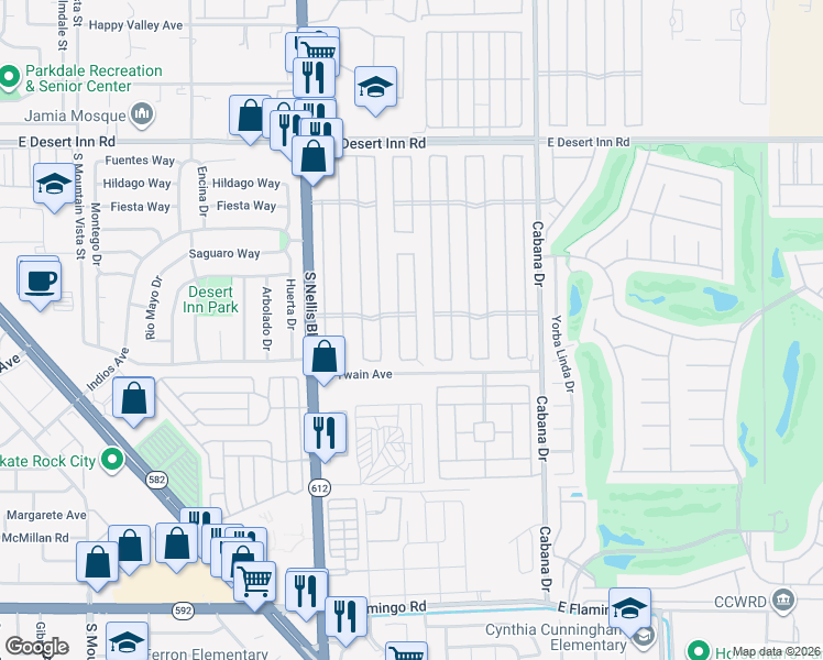 map of restaurants, bars, coffee shops, grocery stores, and more near 3665 Gulf Shores Drive in Las Vegas