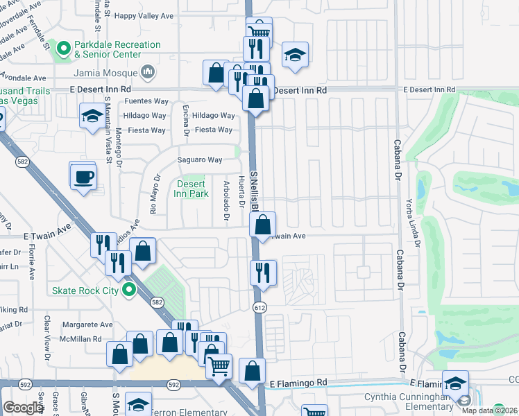 map of restaurants, bars, coffee shops, grocery stores, and more near in Sunrise Manor